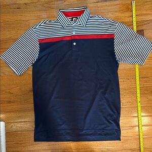 Striped Sleeve Navy Polo with Red Chest Accent